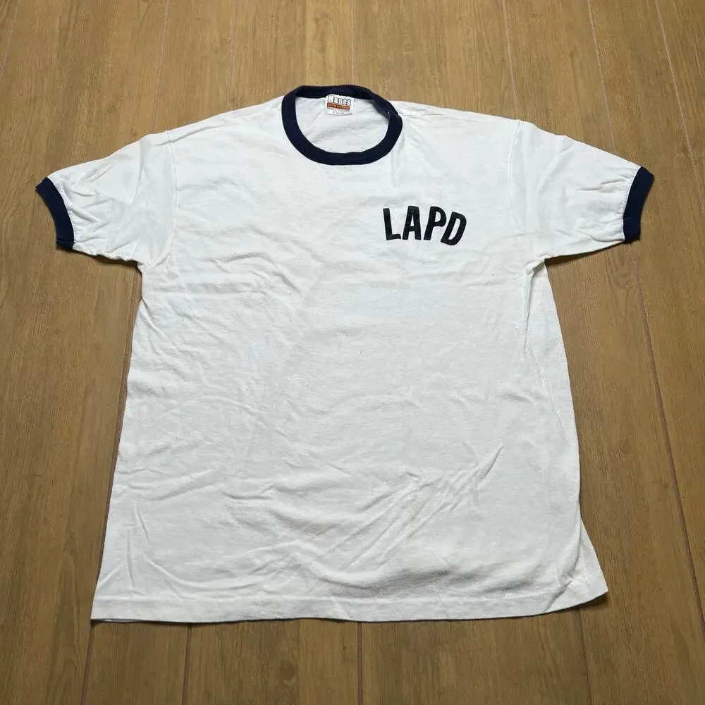Vintage LAPD Ringer T Shirt‎ 70s 80s Police Hanes Tee Navy Trim Made USA XL